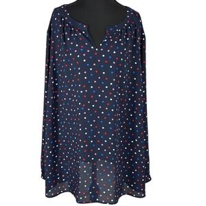 Talbots Woman 3X Navy Blue Polka Dot Split V-Neck Long Sleeve Blouse Top